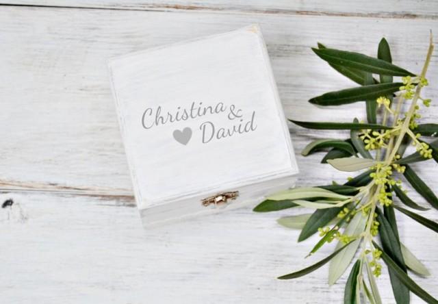 wedding photo - Light Gray Wedding Ring Box, Ring Bearer Box, Personalized Rustic Wood Ring Box, Wedding Gray Palette.