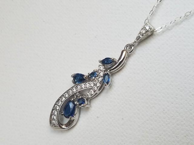 wedding photo - Navy Blue Crystal Necklace, Bridal Blue Sapphire Floral Necklace, Wedding CZ Blue Silver Pendant, Sapphire Bridal Jewelry, Dark Blue Pendant