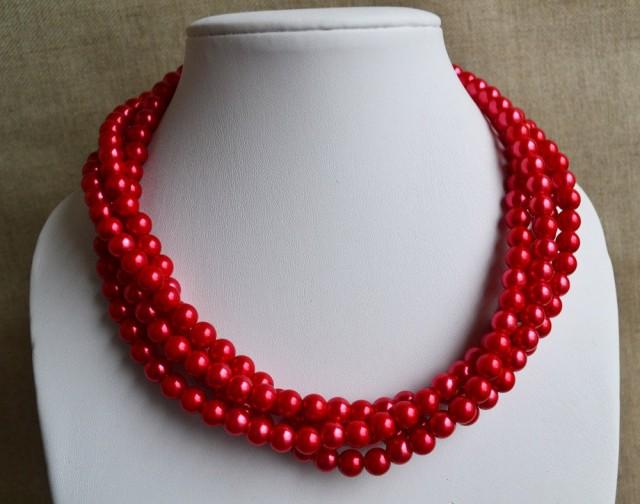 wedding photo - red pearl necklace,4-rows pearl necklaces,wedding necklace,bridesmaids necklace,glass pearls necklaces,red pearl necklace,necklace,wedding