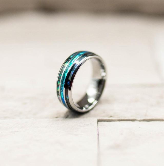 wedding photo - Opal and Abalone Shell (8MM) Tungsten Carbide Ring