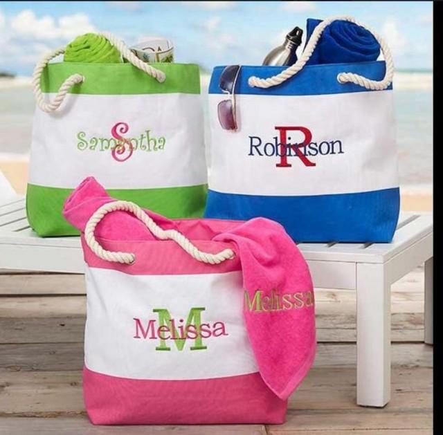 wedding photo - Girls Weekend Gifts Striped Canvas Totes Personalized Bridesmaids Gifts Large Beach Bag Bachelorette Beach Trip Gift Monogram Pool Towel Bag