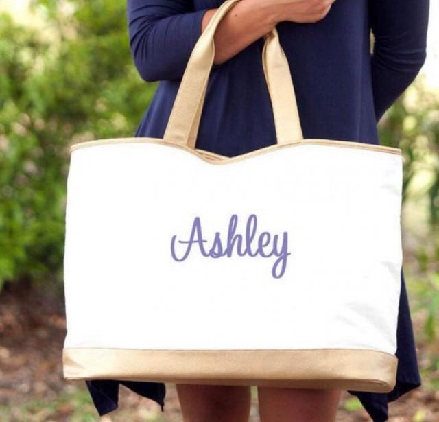 wedding photo - Large Beach Bag Personalized Pool Towel Beach Totes with Gold Trim Mothers Day Gift Couples Honeymoon Monogram Pool Bags Gold Tote Bag