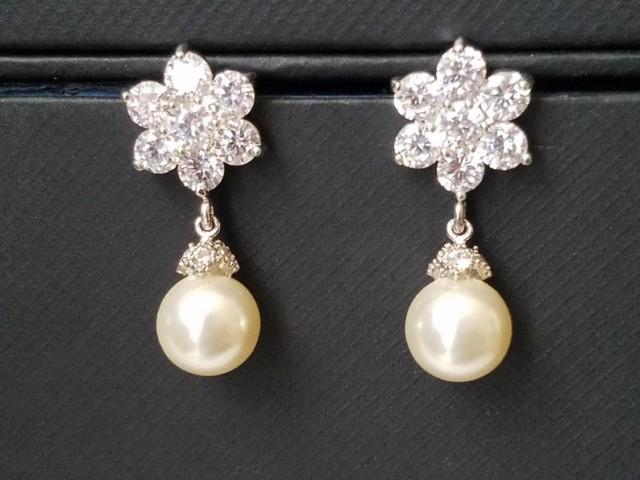 wedding photo - Pearl Flower Earrings, Swarovski Ivory Pearl CZ Earrings, Wedding Bridesmaids Pearl Earrings Pearl Drop Earrings Wedding Ivory Pearl Jewelry