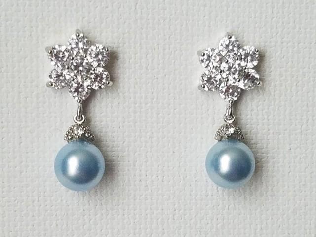 wedding photo - Light Blue Pearl Earrings, Swarovski Light Blue Pearl Drop Silver Earrings, Blue Pearl Bridal Earring, Flower CZ Pearl Earrings Blue Jewelry