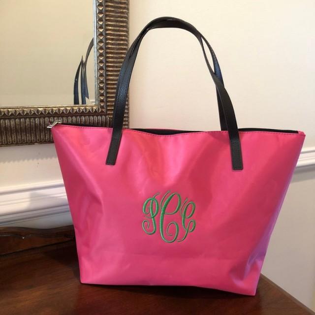 wedding photo - Pink Monogram Tote Bag, Womens Tote Bag Personalized Multipurpose Tote Bag, Nylon Tote Bag, Bridesmaids Gifts, Gift for her, Market Bag