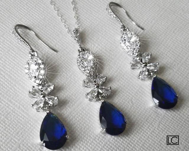 wedding photo - Navy Blue Crystal Wedding Jewelry Set, Sapphire Teardrop Chandelier Earrings, Blue Crystal Pendant, Navy Cubic Zirconia Bridal Jewelry Set