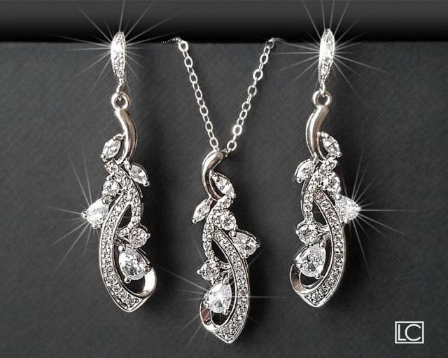 Bridal Crystal Jewelry Set, Wedding Floral Earrings Necklace Set, Chandelier Earrings Pendant Set, Bridal CZ Jewelry Wedding Crystal Jewelry