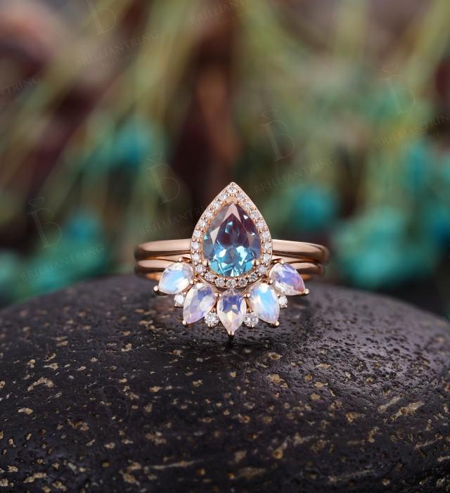 Alexandrite engagement ring  vintage pear shaped moissanite unique Wedding Ring set Jewelry art deco Anniversary wedding ring