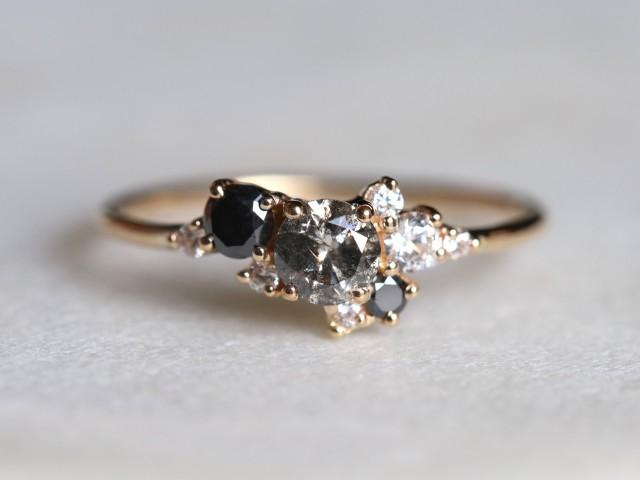 Grey Diamond cluster ring,  Salt and Pepper Diamond Ring, Cluster engagement ring, Diamond cluster, Gray Diamond ring, Engagement ring