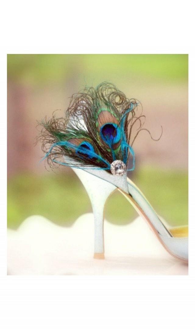 Fancy Peacock Duo & Teal / Turquoise Shoe Clips. Spring Couture Bride Bridesmaid, Chic Bridal Maid of Honor Gift, Silver Gem, Girlfriend BFF