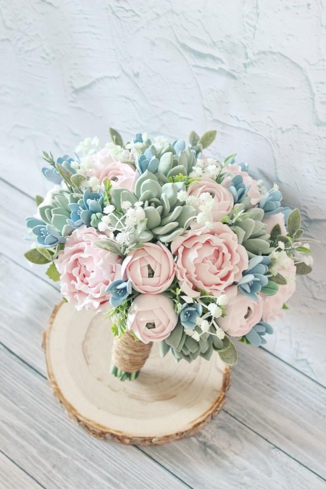 Succulent wedding bouquet, Keepsake bouquet, baby&#39;s breath Bridal bouquet, Blush Pink Peony bouquet, Dusty blue bouquet