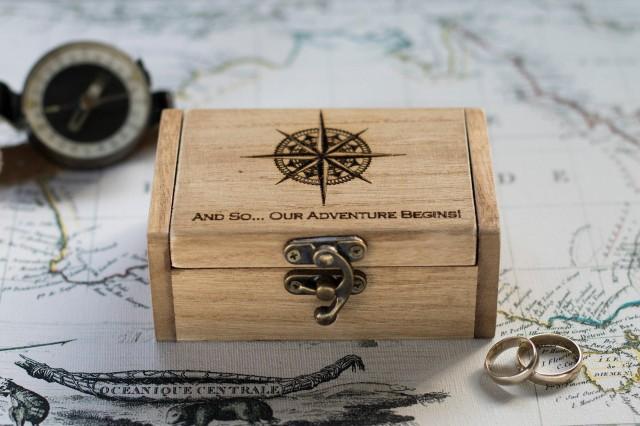 Personalized wedding ring box, Ring Bearer Box, Our Adventure Begins, Compass Engraved ring box Travel theme wedding Ring Holder Engagement