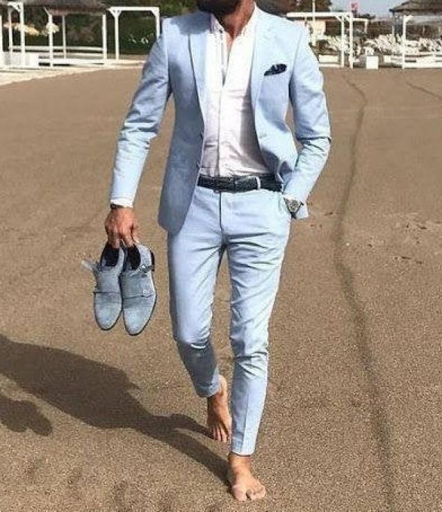 Men Suits Beach Suits Wedding Groom Wear 2 Piece Suits For Men 2 Button Suits Wedding Party Wear Dinner Suits Sky Blue Summer Beach Suits