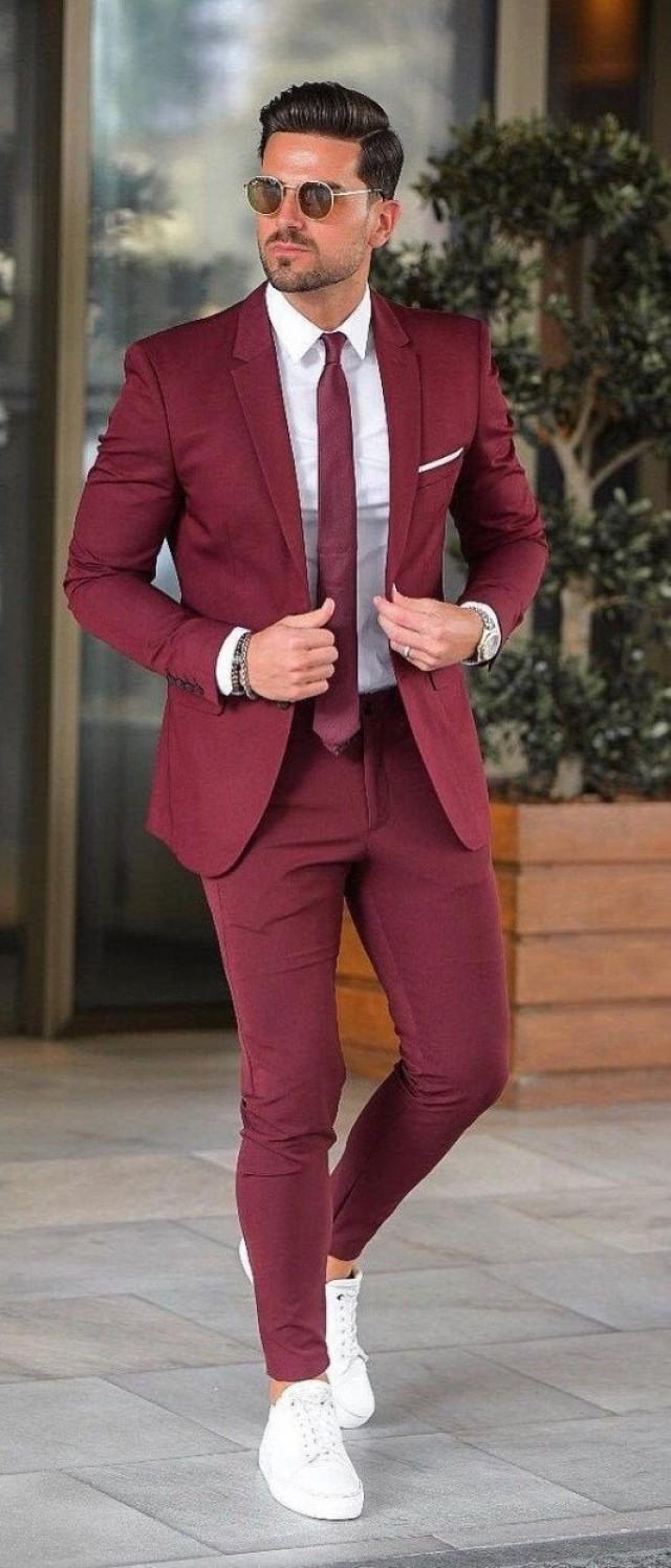 Men Suits Maroon 2 Piece Wedding Groom Wear One Button Body Fit Suits