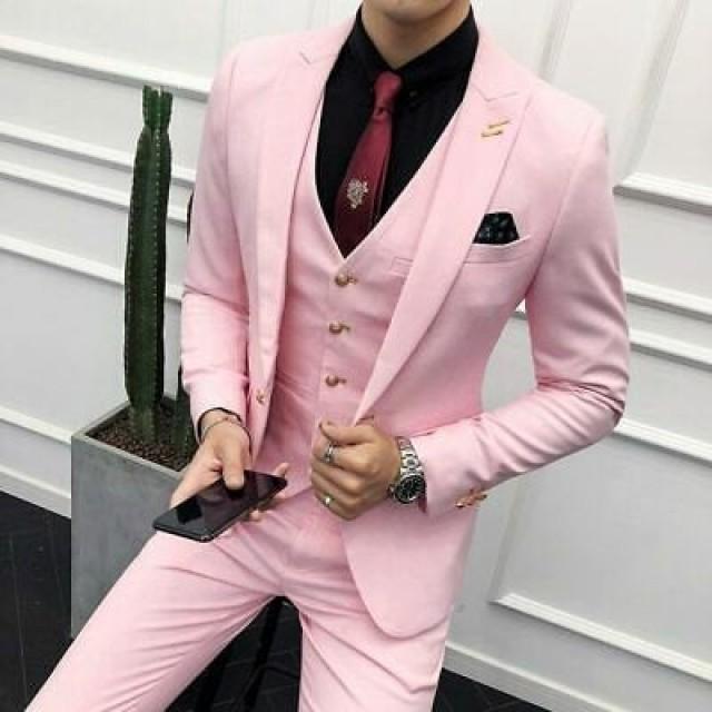 Men Suits Formal Fashion Pink 3 Piece Wedding Groom Wear Coat Vest Pant Suits