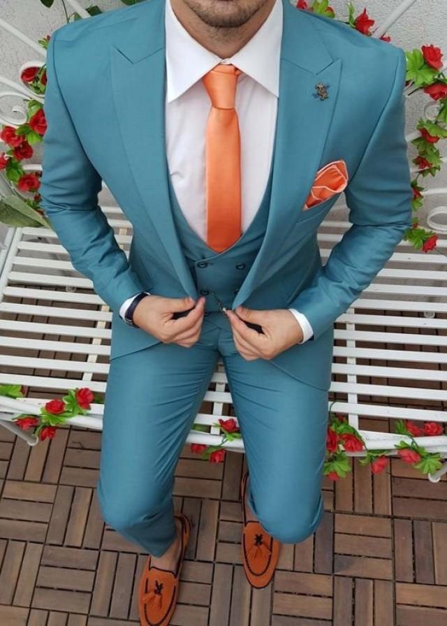 Men Suits, Luxury Designer Sky Blue Suits, 3 Piece Suits Wedding Groom Wear Suits For Men