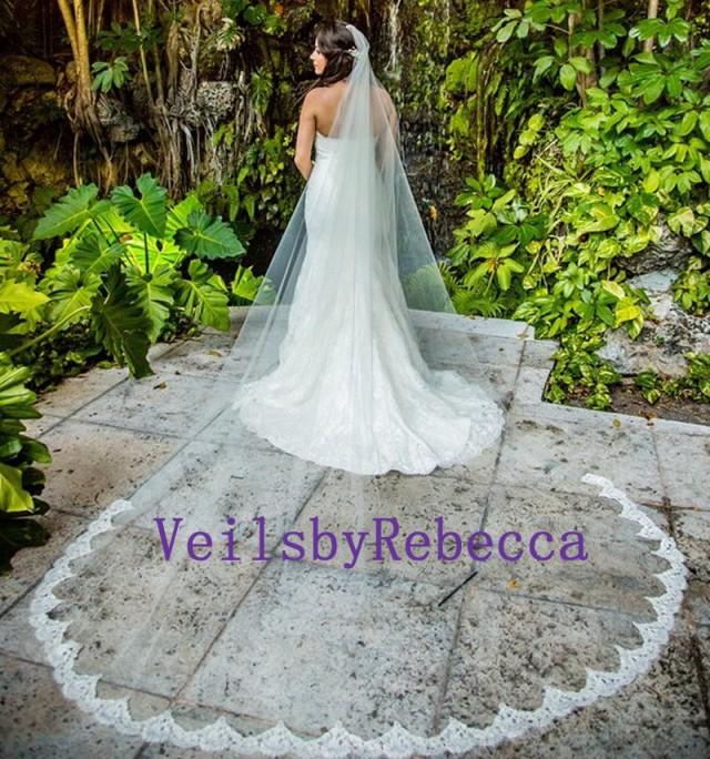 Ready to Ship Lace Bottom Veil-1 tier lace bottom cathedral veil,stock cathedral lace wedding veil V638B