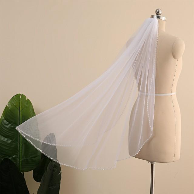 Graceful Circle Crystal Beads Wedding Veils Simple Tulle Elbow Veils with Comb White 32&quot; Short Veil with Pearls Single Layer Bridal Veil