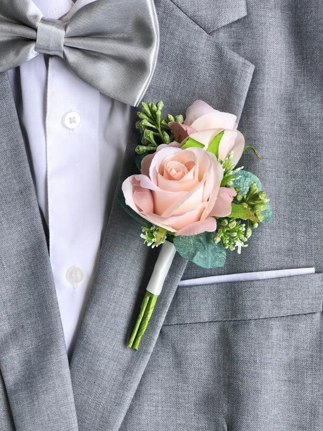 Pink Champagne Double Rose Eucalyptus Boutonniere 
