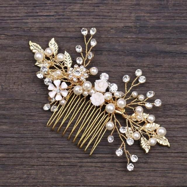 ANABEL Swarovski Crystal Hair Comb Gold Flower Pearls Bridal Haircomb Hair Comb, Vintage Veil Flower Bridal Haircomb, Flower 1920s Headpiece