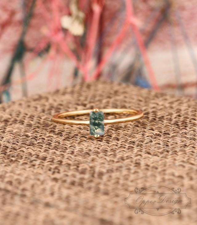 3x5mm Emerald Cut Natural Moss Agate Wedding Ring, Yellow Gold Plated Agate Engagement Ring, Silver Ring, Gift For Women, Solitaire Ring