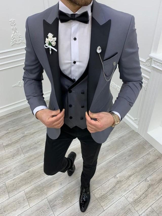 Men Suits ~ Wedding Suit ~ 3 Piece Suits ~ Prom Suits, Slim fit Peak Lapel one Button Tuxedo, Gray Slim Fit Peak Lapel Tuxedo