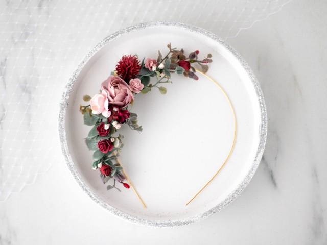 Burgundy flower headband for wedding, asymmetrical flower headband, bridal floral crown for bride or bridesmaids, flower girl headpiece