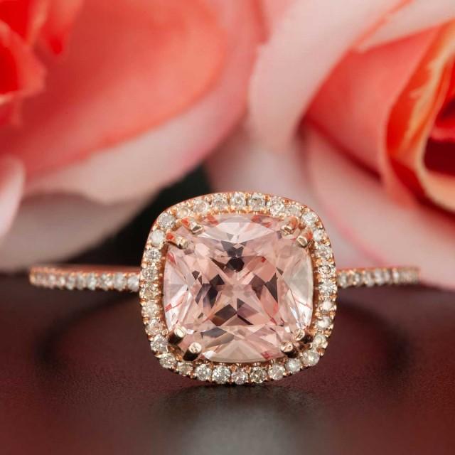 AUTHENTIC 1.50 Carat Peach Pink Morganite and NATURAL Diamond Engagement Ring, Personalized Promise Ring for Women in 14K Solid Rose Gold