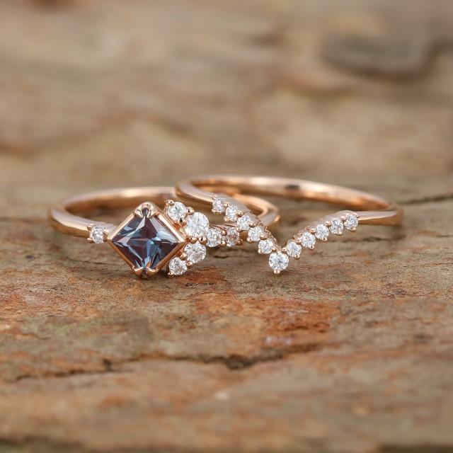 Princess cut Alexandrite Engagement Ring set cluster Rose gold Engagement Ring Unique vintage Wedding ring Anniversary promise Gift for her