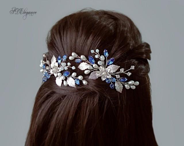 Blue Bridal Hair Pin, Navy Blue Hair Piece, Silver Wedding Hair Pin Set, Sapphire Hair Accessory, Something Blue Jewelry, Royal Blue Wedding