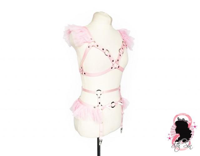 Pink Faux Leather Caged Mesh Body Harness Set, Pink Cage Harness Set, Pink DDLG Harness Set, Pink Ruffled Harness Set, Kawaii Lingerie Set
