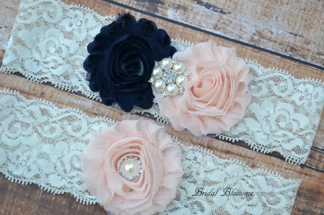 Blush Navy Ivory Pearl Bridal Garter Set 