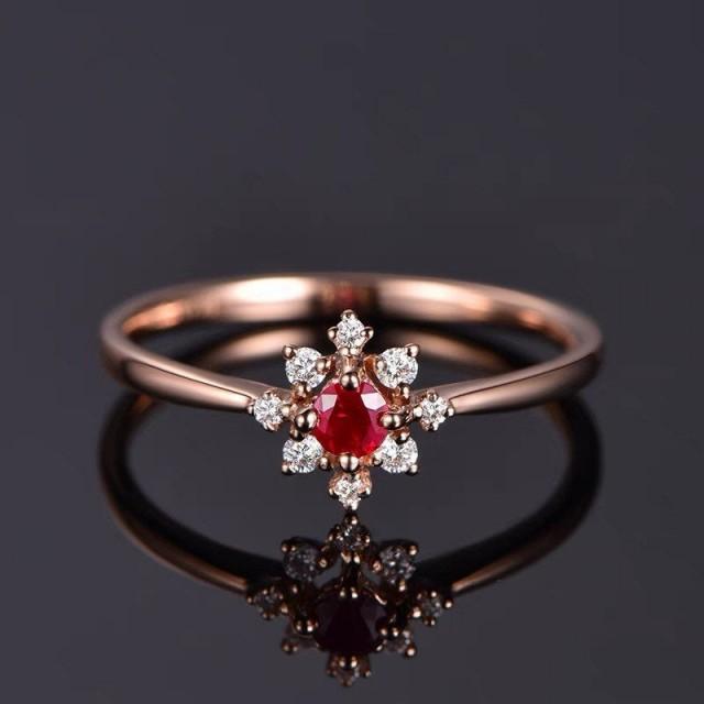 Ruby Diamond Floral Halo Engagement Ring - Red Promise Ring - Anniversary - Birthday Gift - 18K Rose Gold - Dainty Cluster Friendship Rings
