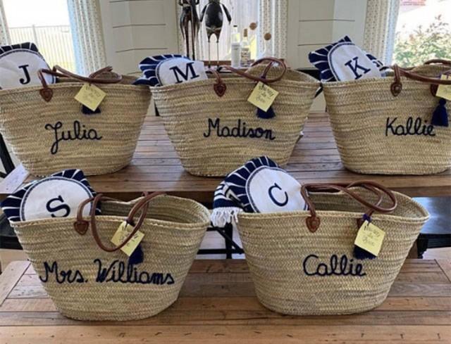 Monogrammed Straw bag with long  leather Hands and Tassel   Bridesmaid bags Gifts