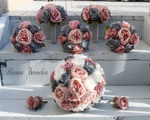 Dusty Rose, Grey and  Ivory Wedding Bouquet, Wedding Flowers, Bridesmaid Bouquets, Corsage, bridal Flower Package