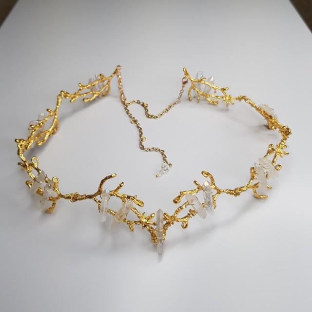 Gold Branch Crown - White Clear Crystal Tiara, Elven Circlet, Snow Queen, Mermaid Headpiece, Evil Queen, Wedding wreath, Wedding jewelry
