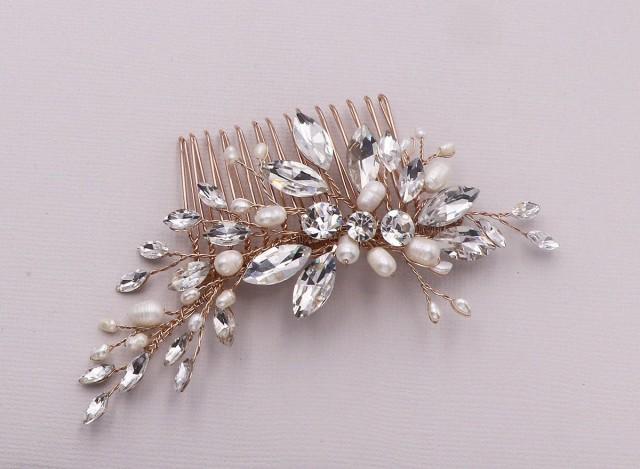 Rose Gold Crystal Comb, Wedding Hair Comb, Handmade Wedding Comb, Crystal Bridal Comb, Shayanne Rose Gold Pearl Hair Comb