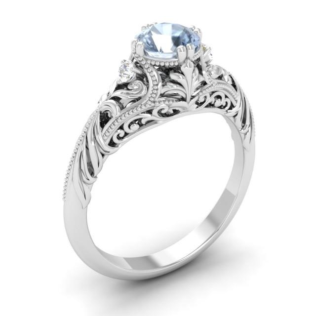 AAA Aquamarine Engagement Ring With Diamond 14K Gold 