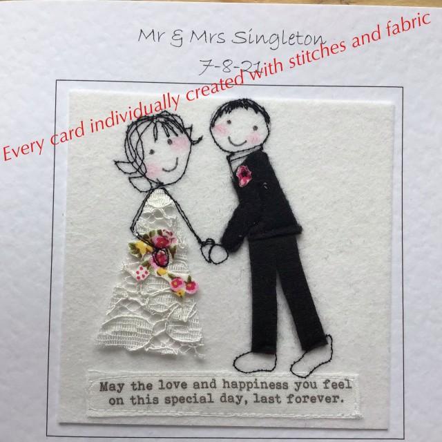 Textile personalised  bride and groom wedding card. embroidered textile card for wedding. I can print  names and date at the top of the card