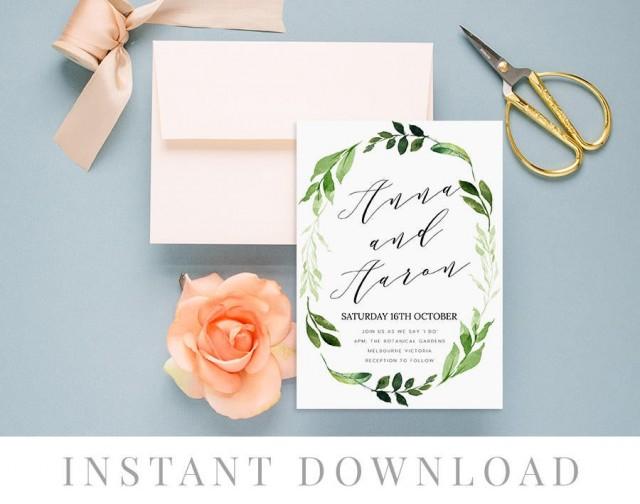 Rustic Wedding Invitation INSTANT DOWNLOAD, Wedding Invite, DIY Printable Invitation, Templett, Editable pdf, Green Leaves, Marsh