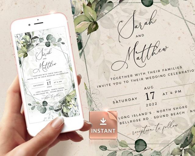 REESE - Geometric Silver Wedding Invite By Mail, Evite Template, Digital Invitation, Electronic Greenery Customizable Editable Download