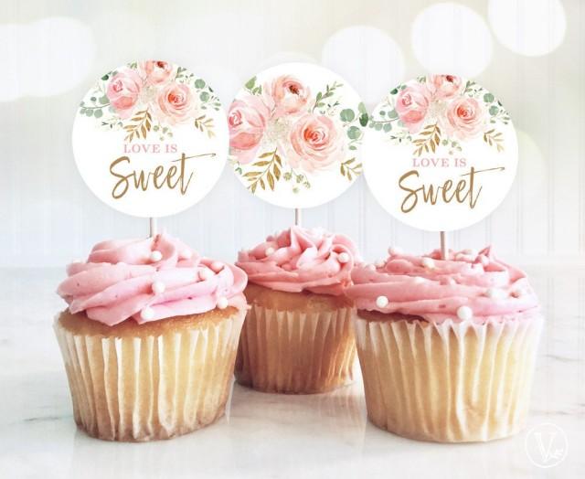 Love is Sweet Cupcake Toppers, Printable Bridal Shower Cupcake Toppers, 2-inch, Blush Pink Floral, VWC95