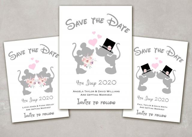 10 x Personalised Disney Minnie & Mickey Mouse kissing Wedding, Mr and Mrs, Mr and Mr, Mrs and Mrs Save the Date Cards with Envelopes