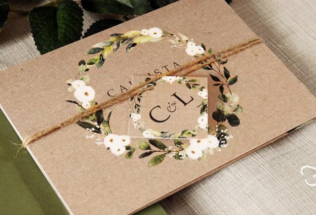 Rustic Wedding Invitation. White Floral & Greenery Kraft Effect. Greenery Wedding Invites, Concertina wedding. Eucalyptus, twine, vellum.