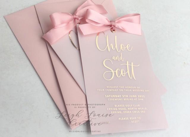 VELLUM & FOIL wedding invitation set. Classic invitation and rsvp card design, ribboned with a bow and matching cards