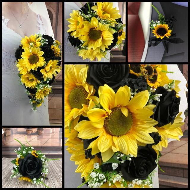 Artificial Sunflower and Black Bridal Bouquets, Black Sunflower Bridal Flowers, Black Rose and Sunflower Bouquet,  Sunflower Wedding Flowers
