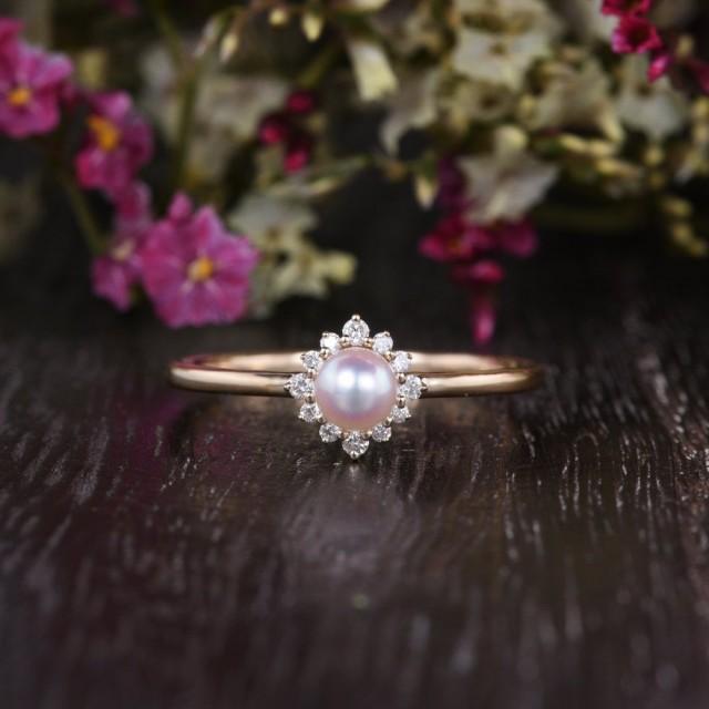 Akoya Pearl Engagement Ring 4mm Flower Halo Solitaire Ring Natural Diamonds Mini Dainty Band Promise Gift For Her Floral Pink Pearl Ring