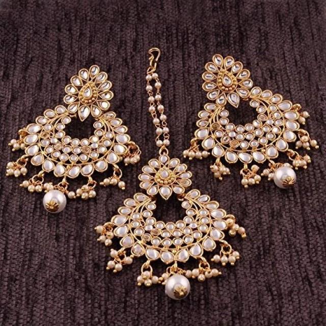 BALAJI COLLECTION Gold Plated Kundan & Pearl Earring Set Party Wear Bollywood Style Traditional Maang Tikka for Women