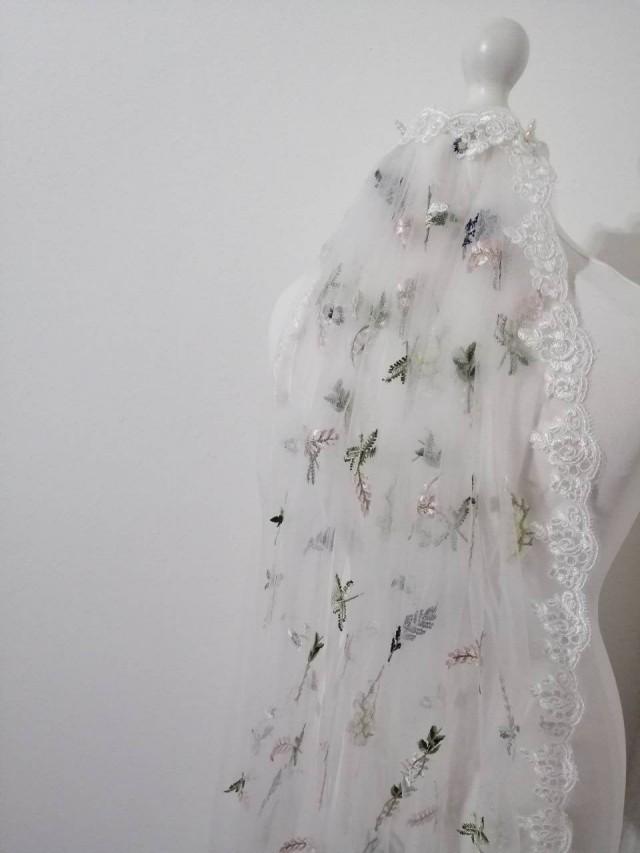 Flower veil, Floral veil ,secret garden veil, boho veil,  wild flower veil, embroidered veil, flower and fawna, romantic veil,bridal veil