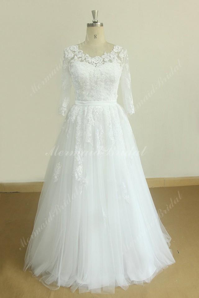 Stunning white open back A Line Tulle lace wedding dress with middle calf sleeves